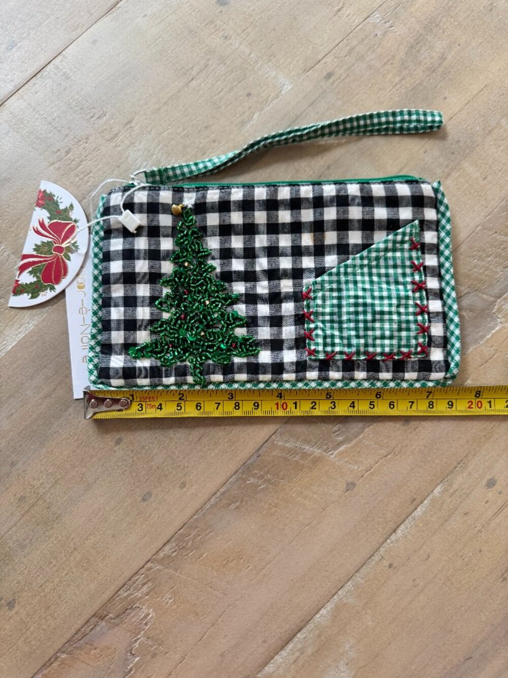 New With Tags Holiday Plaid Beaded Christmas Tree Zipper Pouch Travel Clutch